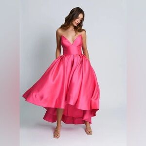 Hutch Sabrina Strapless V-Neck Pleated High-Low Gown